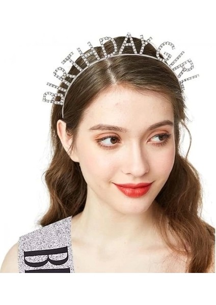 Gümüş Kristal Taşlı Birthday Girl Tacı modelleri
