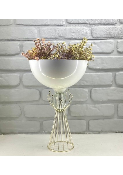 Modern Dekoratif Krom Kaplama Sude Model Ayaklı Taşlı 25 cm Çapında Beyaz Vazo Masa Üstü Dekor