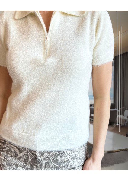 Fermuarlı Peluş Polo Yaka Triko Bluz