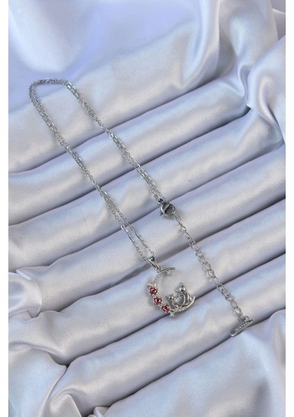 316L Çelik Zincir Gümüş Renk Kırmızı Gül Detay Kedi Figür Zirkon Taşlı Ay Kolye fiyatları
