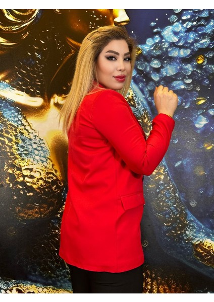 Kırmızı Ceket Işlemeli Astar Gizli Cip Düğmeli Kapatmadan Uzun Kollu Ceket Yakası Krep
