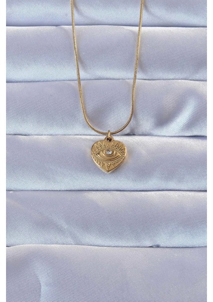 316L Altın Renk Zirkon Taşlı Işlemeli Göz Detay Kalp Kolye