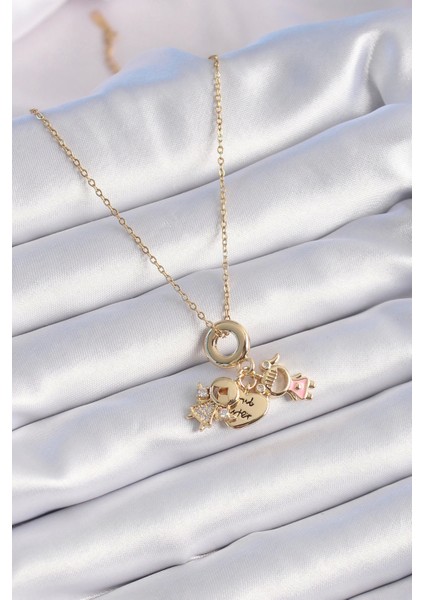 316L Çelik Gold Renk Zirkon Taş Detay Çocuk Figür Charm Model Kadın Kolye fiyatları