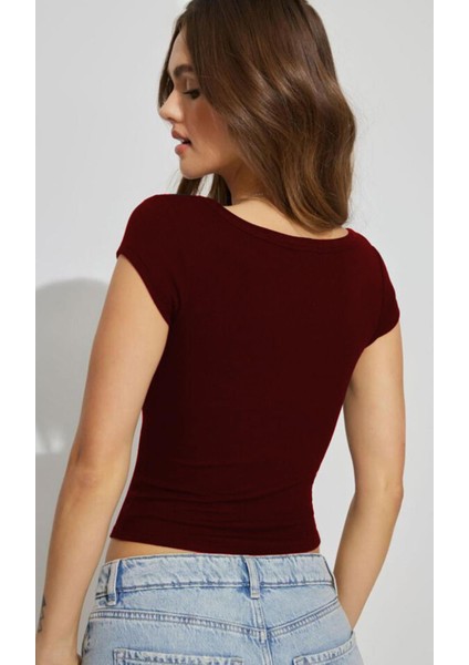Bordo Geniş Yaka Kadın T-Shirt MG2341 fiyatları