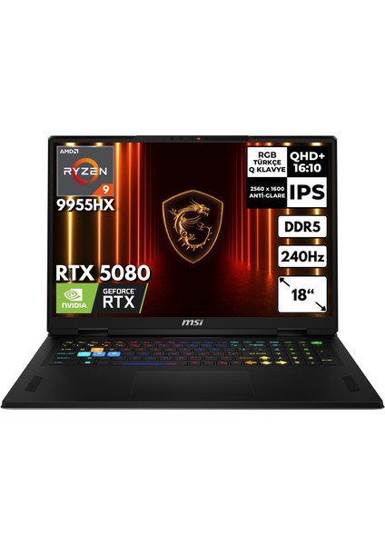 Msı Vector A18 Hx Ryzen 9-9955HX 16-Gbddr5 4 Tbssd RTX5080 (16GB-GDDR7-175W) 18" Qhd+ 240Hz Windows 11 Home A9WIG-093TRHMF9