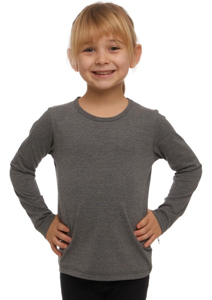 Buz Gri Basic Mevsimlik Likralı Uzun Kollu Kız Çocuk Tişört