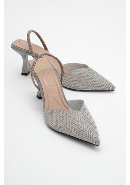 Renos Platin Kum Sim Sivri Burun Kadın Topuklu Abiye Ayakkabı