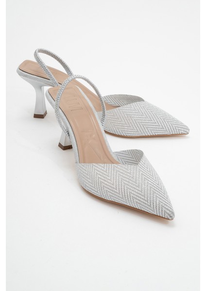 Renos Gümüş Kum Sim Sivri Burun Kadın Topuklu Abiye Ayakkabı
