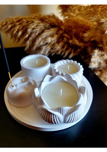 Beyaz Renk 4'lü Set (16 cm Sunum Tepsisi + 3 Mum + Tütsülük) Hediye Tütsü