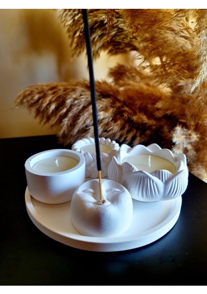 Beyaz Renk 4'lü Set (16 cm Sunum Tepsisi + 3 Mum + Tütsülük) Hediye Tütsü