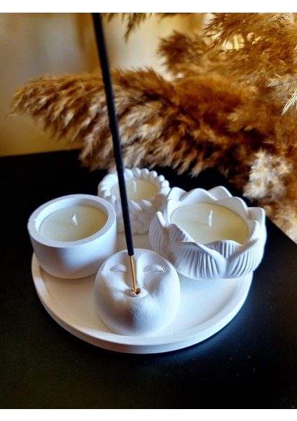 Beyaz Renk 4'lü Set (16 cm Sunum Tepsisi + 3 Mum + Tütsülük) Hediye Tütsü