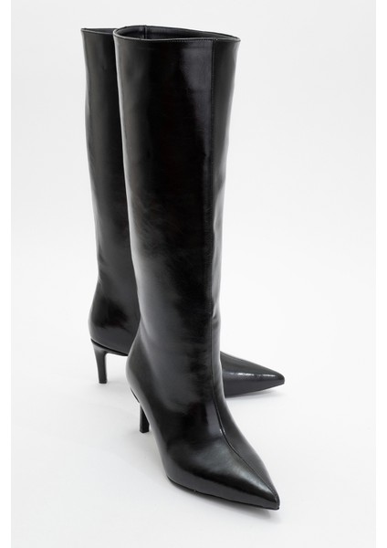 Camila Siyah Cilt Kadın Topuklu Çizme