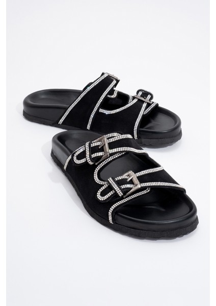 Allen Siyah Taşlı Deri Süet Kadın Terlik