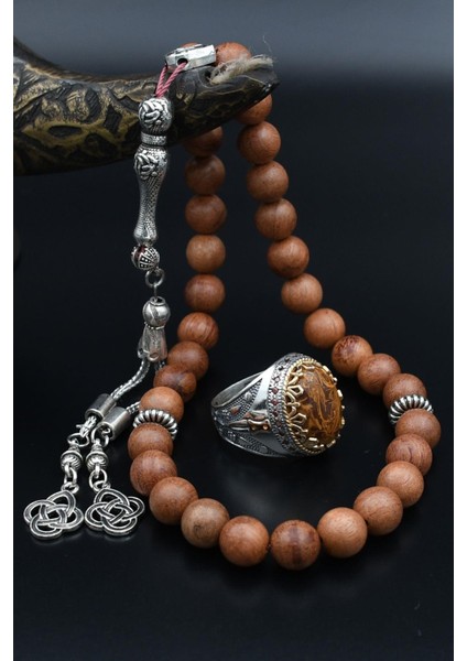 Doğal Oud Ağacı Tesbih ve 925 Ayar Gümüş Erkek Yüzüğü Oud Ağacı 901511