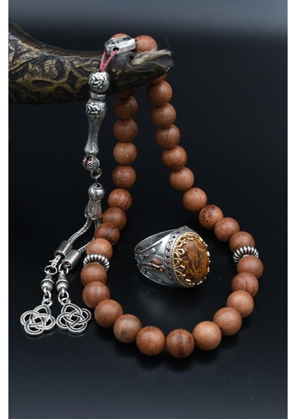Doğal Oud Ağacı Tesbih ve 925 Ayar Gümüş Erkek Yüzüğü Oud Ağacı 901511 modelleri