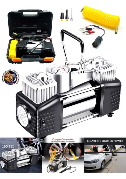 Oto Kamyon Lastik Şişirme 12V 150PSI Çift Piston Çantalı Hava Kompresörü