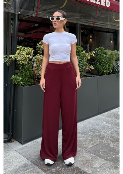 Bordo Yüksek Bel Rahat Kesim Geniş Paça Kadın Pantolon MG2309 fırsatları