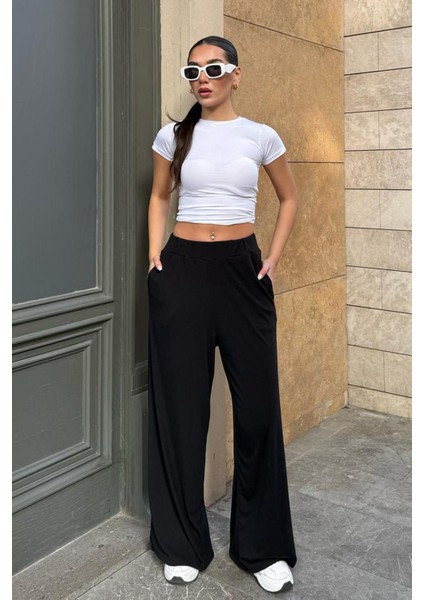 Siyah Yüksek Bel Rahat Kesim Geniş Paça Kadın Pantolon MG2309 modelleri