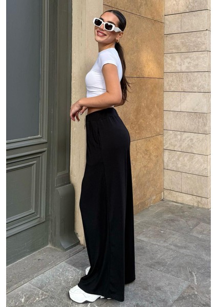 Siyah Yüksek Bel Rahat Kesim Geniş Paça Kadın Pantolon MG2309 fırsatları