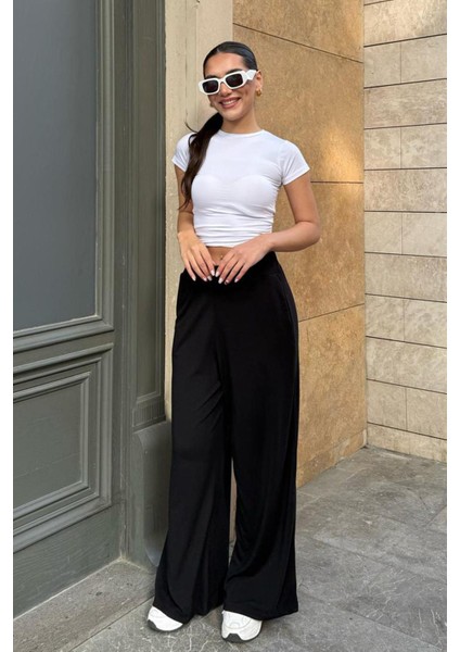Siyah Yüksek Bel Rahat Kesim Geniş Paça Kadın Pantolon MG2309