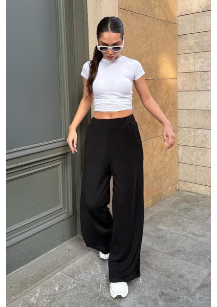 Siyah Yüksek Bel Rahat Kesim Geniş Paça Kadın Pantolon MG2309 fiyatları