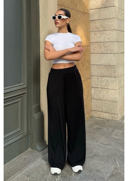 Siyah Yüksek Bel Rahat Kesim Geniş Paça Kadın Pantolon MG2309 indirimleri