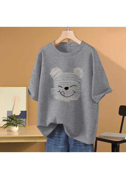 Özel Tasarım Sanatsal Ayıcık Baskılı Summer Trend Oversize Kız Çocuk T-Shırt