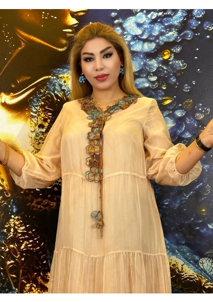Abiye Elbise Şık Gece Pileli Yüksek Kaliteli Ipek Kumaş Balon Kol Astarı Renkli