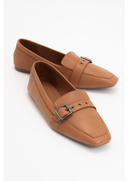 Perıwınkle Taba Cilt Deri Kemerli Kadın Loafer Ayakkabı