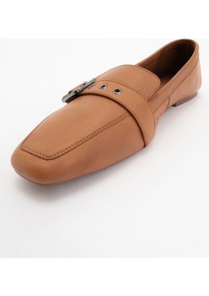 Perıwınkle Taba Cilt Deri Kemerli Kadın Loafer Ayakkabı