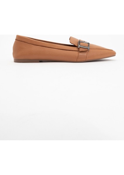 Perıwınkle Taba Cilt Deri Kemerli Kadın Loafer Ayakkabı