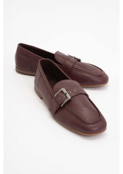 Clarıon Bordo Cilt Deri Kemerli Küt Burun Kadın Loafer Ayakkabı