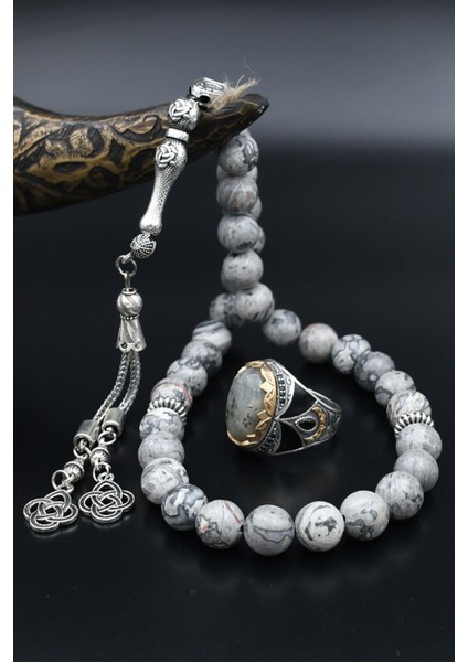 Doğal Jasper Taşlı Tesbih ve 925 Ayar Gümüş Labradorit Taşlı Erkek Yüzüğü 901516