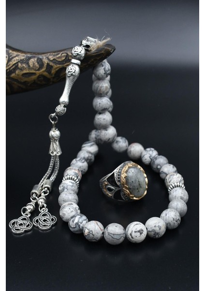 Doğal Jasper Taşlı Tesbih ve 925 Ayar Gümüş Labradorit Taşlı Erkek Yüzüğü 901516 fiyatları