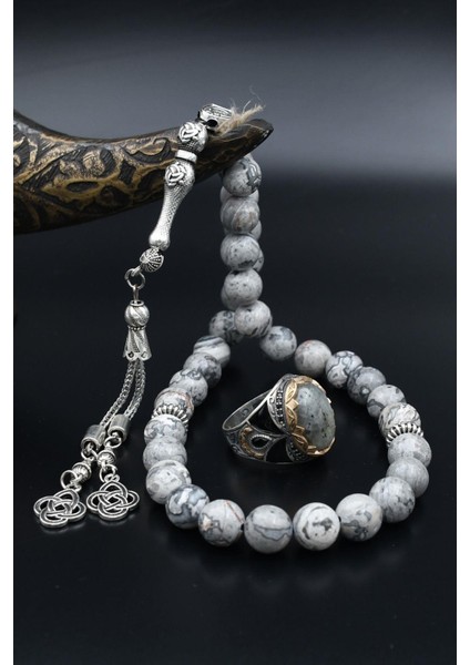 Doğal Jasper Taşlı Tesbih ve 925 Ayar Gümüş Labradorit Taşlı Erkek Yüzüğü 901516 modelleri