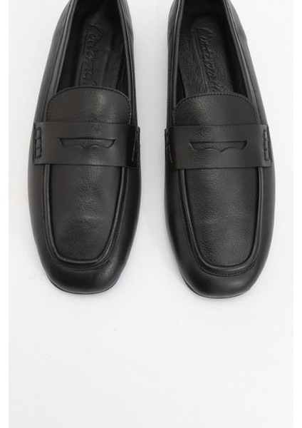 Skye Siyah Deri Küt Burun Kadın Loafer Ayakkabı