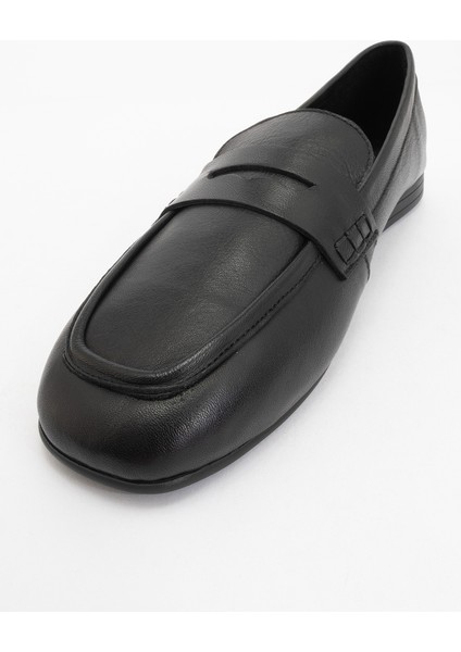Skye Siyah Deri Küt Burun Kadın Loafer Ayakkabı