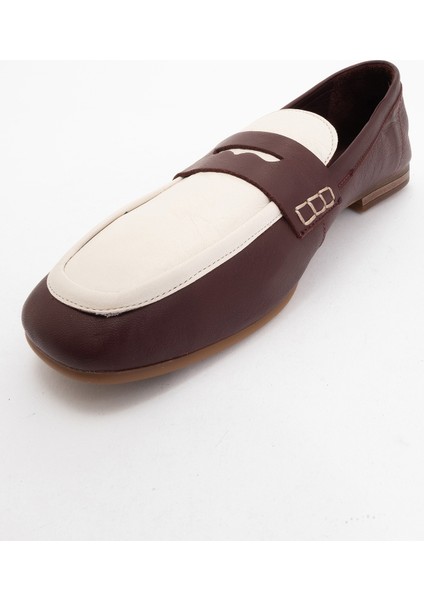 Skye Bordo-Beyaz Deri Küt Burun Kadın Loafer Ayakkabı modelleri