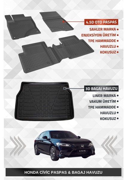 Honda Civic 2021+ Uyumlu 4.5d Premium Havuzlu Oto Paspas ve Liner Marka 3D Bagaj Havuzu - Civic Fe1