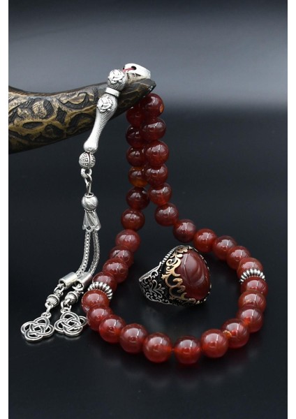 Doğal Akik Taşlı Tesbih ve 925 Ayar Gümüş Erkek Yüzüğü Akik Taşlı 901518