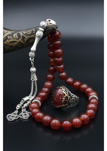 Doğal Akik Taşlı Tesbih ve 925 Ayar Gümüş Erkek Yüzüğü Akik Taşlı 901518 modelleri