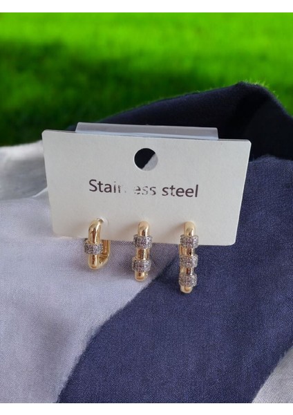 Özel Seri Premium Taşlı Geometrik Çelik Kararmaz Küpe modelleri