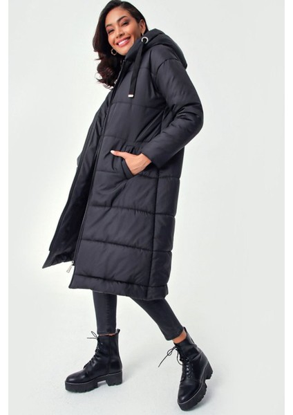 5120 Kapşonlu Uzun Şişme Mont - Siyah fiyatları