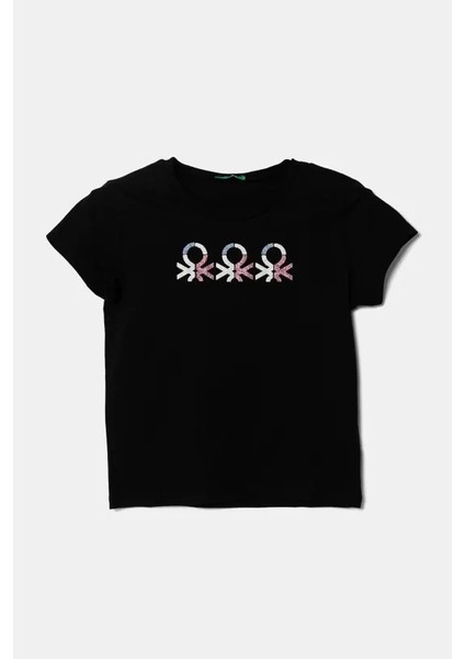 Kız Çocuk Siyah Simli Logo Baskılı T-Shirt