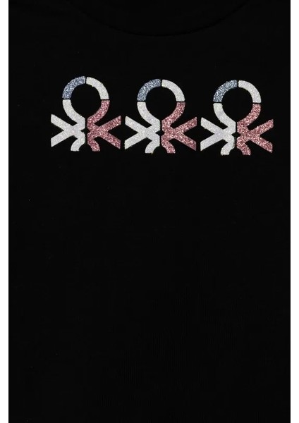 Kız Çocuk Siyah Simli Logo Baskılı T-Shirt modelleri