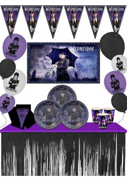 Wednesday Addams Metalize Masa Etekli Afişli 8 Kişilik Doğum Günü Parti Malzemeleri Süsleri Seti