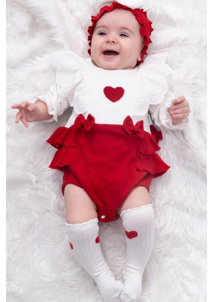 Kız Bebek Kalp Baskılı 3 Parça Pamuk Fırfırlı Tulum, Çorap ve Saç Bandı 3'lü Set Bebek Kostümü Romper Body Zıbın Elbise Yenidoğan Hastane Çıkışı Seti