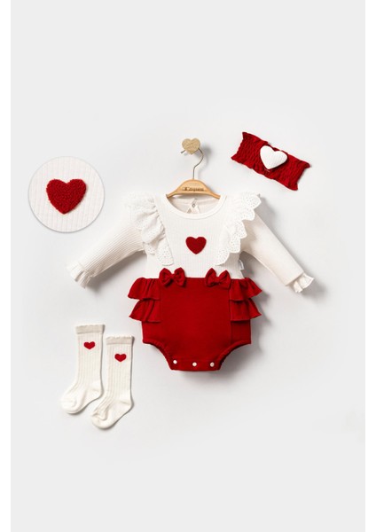 Kız Bebek Kalp Baskılı 3 Parça Pamuk Fırfırlı Tulum, Çorap ve Saç Bandı 3'lü Set Bebek Kostümü Romper Body Zıbın Elbise Yenidoğan Hastane Çıkışı Seti fiyatları