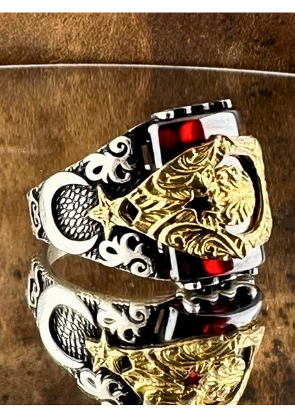 Erkek Gümüş Yüzük - Ay Yıldız Motifli Kırmızı Taşlı 925 Ayar El İşçiliği modelleri