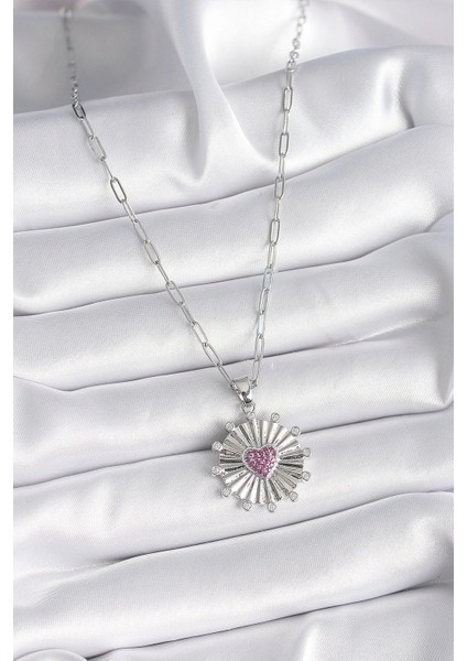 316L Çelik Gümüş Renk Pembe Zirkon Taşlı Kalp Işleme Madalyon Model Kadın Kolye fiyatları